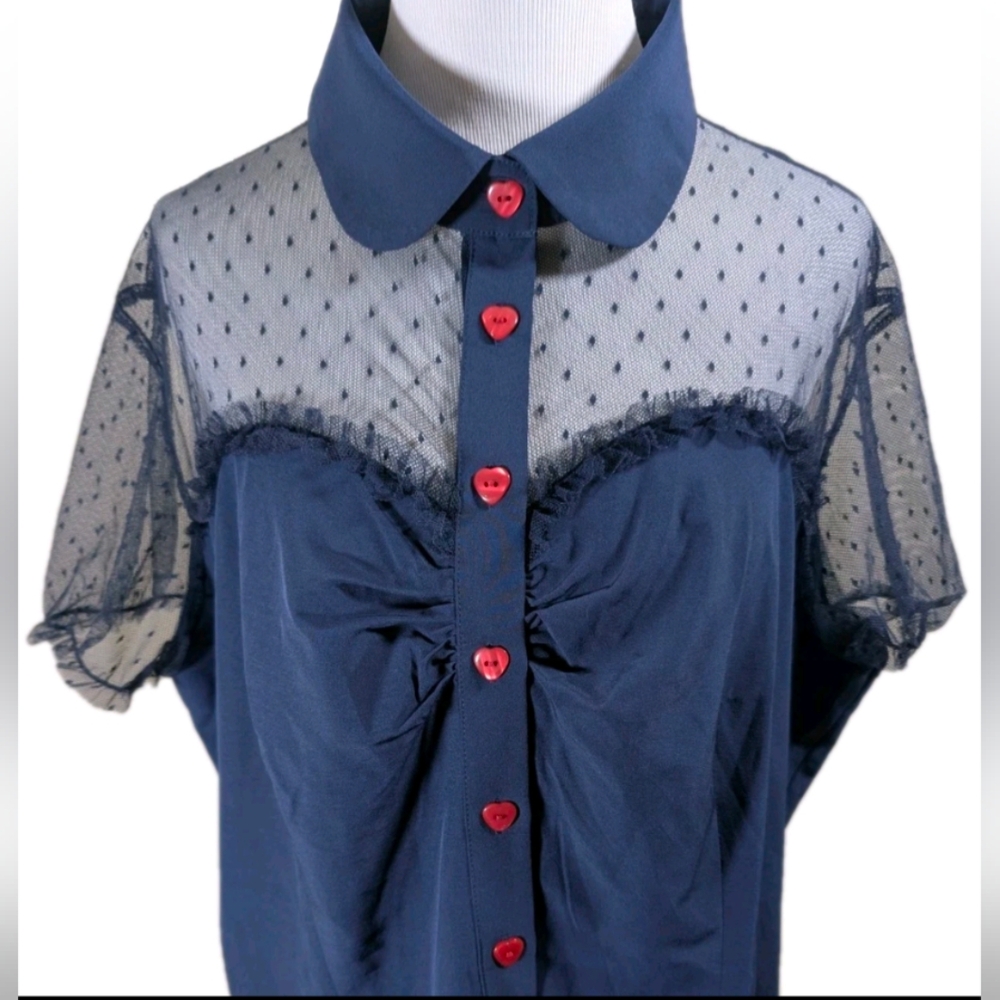 Belle Poque Retro Top 3X Navy Polka Dot Mesh Lace Fitted Red Heart Button Up